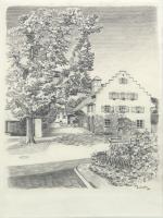 Eine schwarzweisse Zeichnung des Lindenplatzes in Oberlauchringen