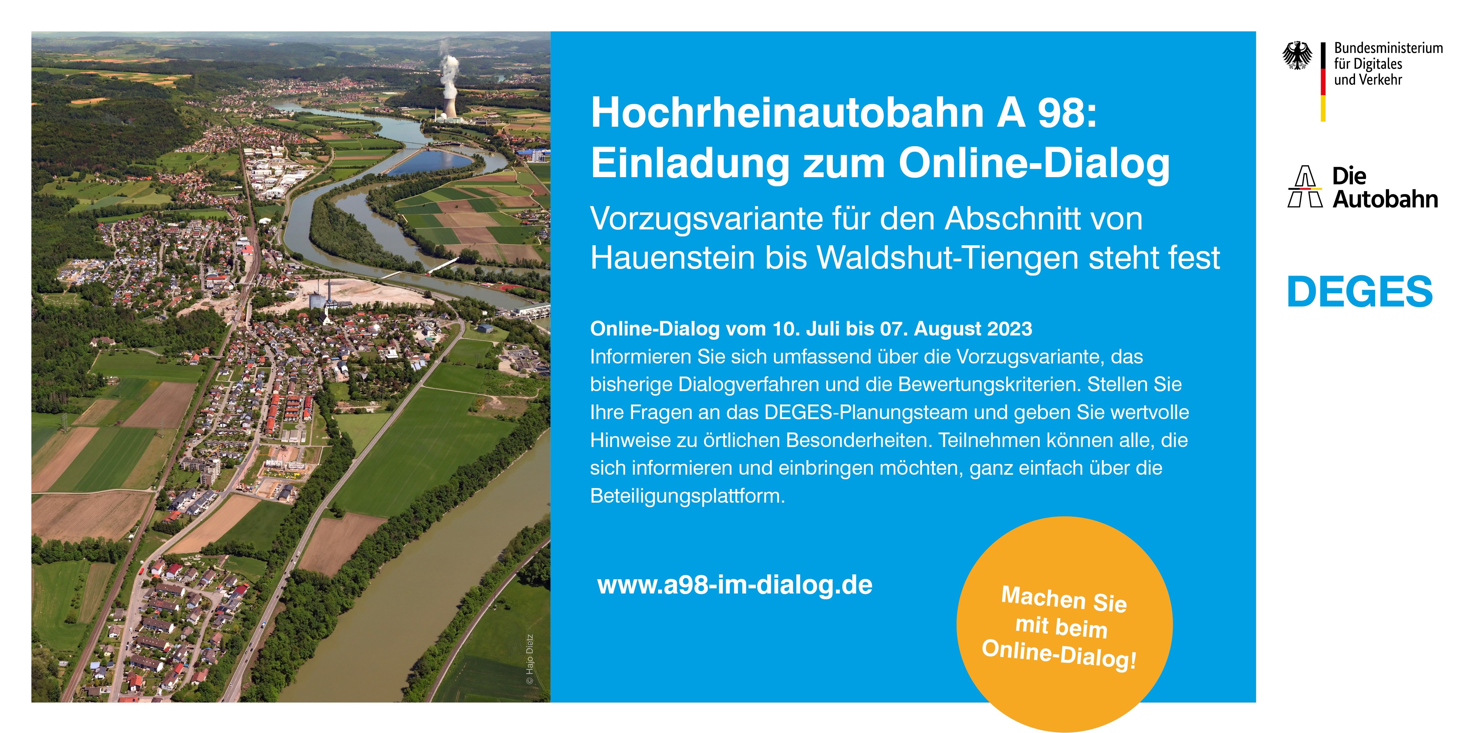 Flyer: links im Bild, ein Luftbild Albbruck in Richtung Waldshut; rechts der Text in weiß mit Blauem Hintergrund, Hochrheinautobahn A98: Einladung zum Online Dialog