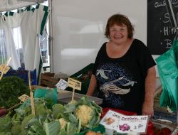 Wochenmarktstand mit Gemüse und Verkäuferin